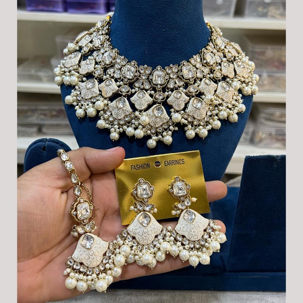 Hira Collection Gold Plated Kundan Stone And Beads Meenakari Necklace Set