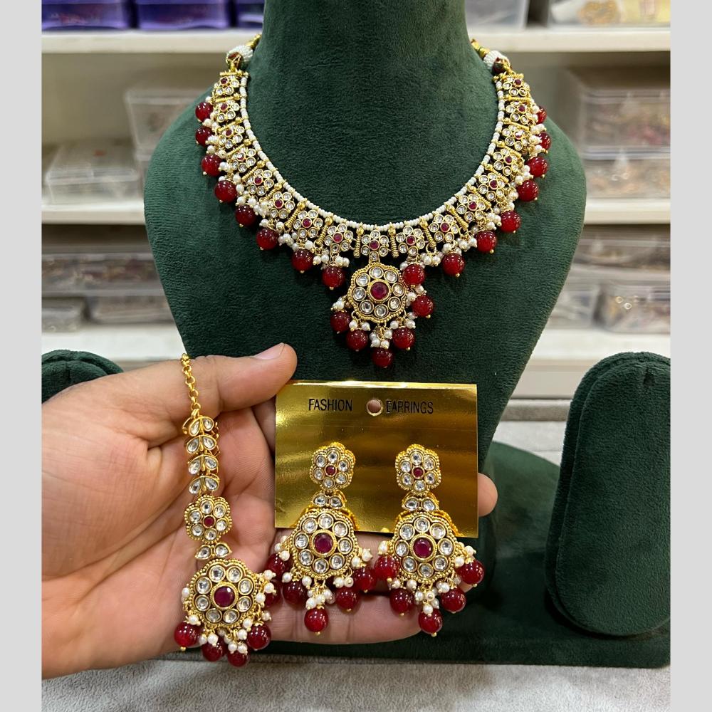 Hira Collections Gold Plated Kundan Stone And Beads Necklace Set