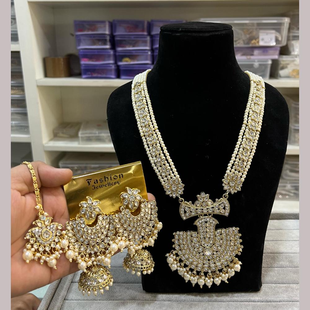 Hira Collections Gold Plated Kundan Stone And Beads Long Necklace Set