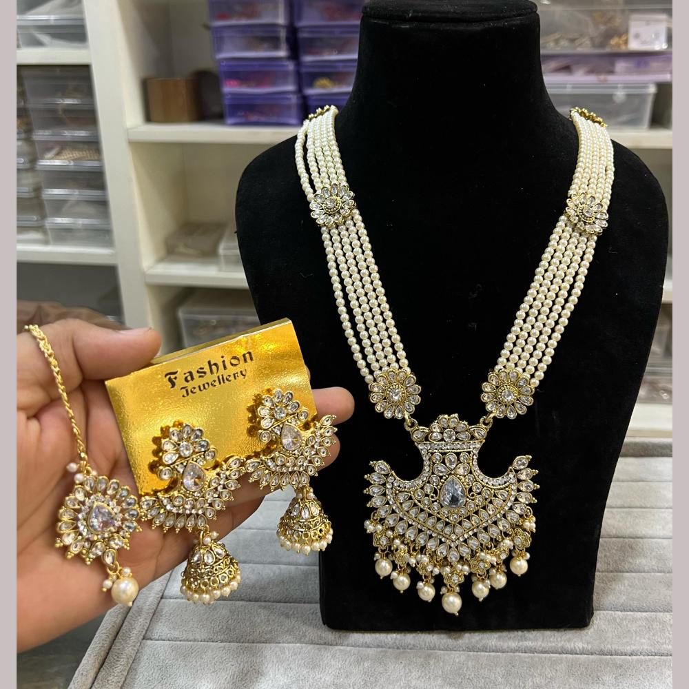 Hira Collections Gold Plated Kundan Stone And Beads Long Necklace Set