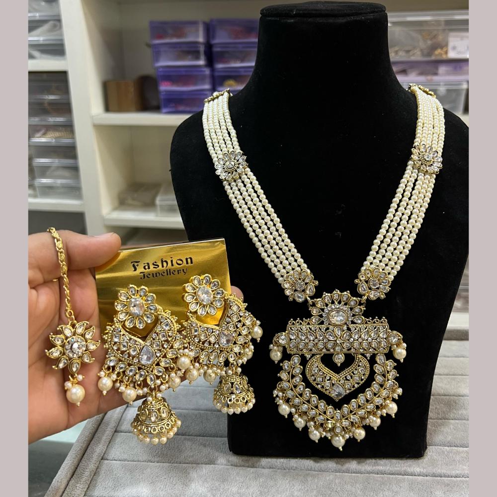 Hira Collections Gold Plated Kundan Stone And Beads Long Necklace Set