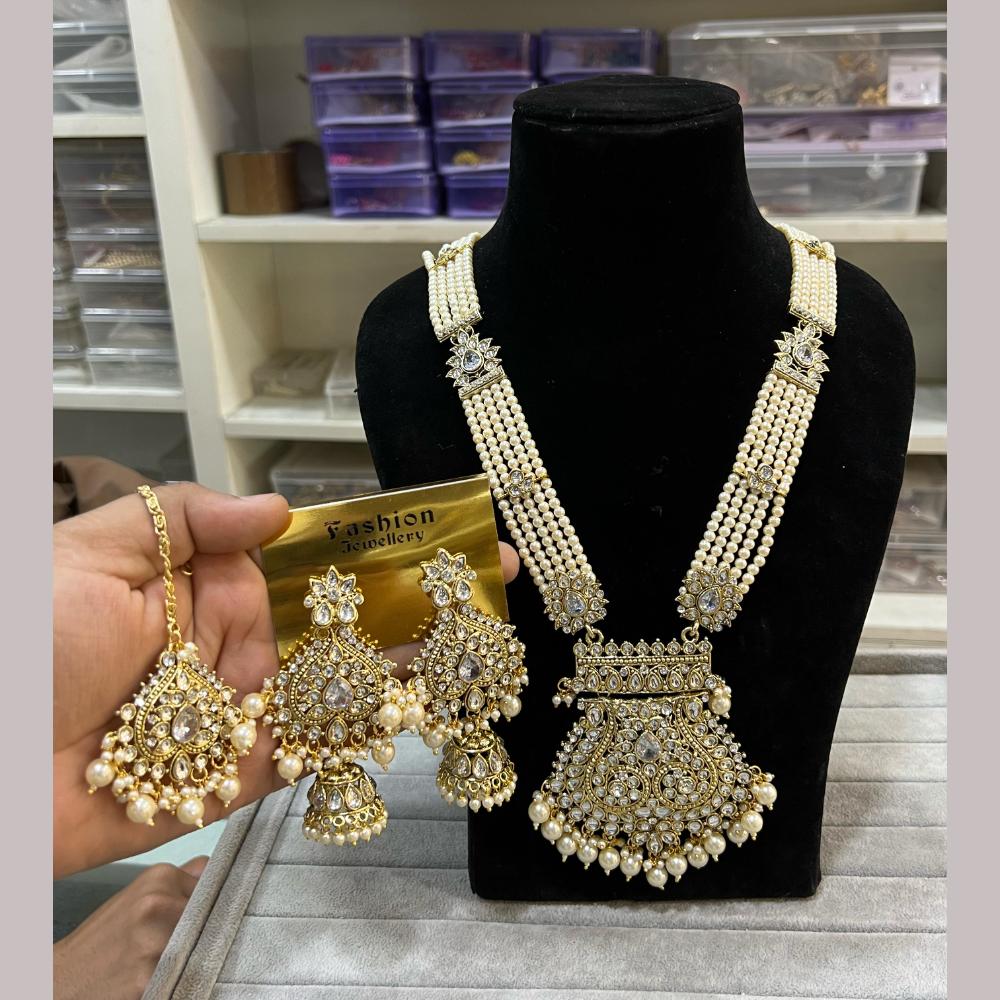 Hira Collections Gold Plated Kundan Stone And Beads Long Necklace Set