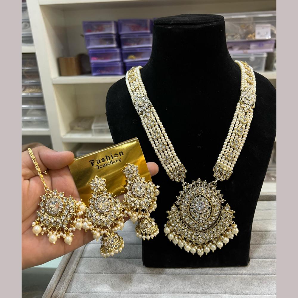 Hira Collections Gold Plated Kundan Stone And Beads Long Necklace Set