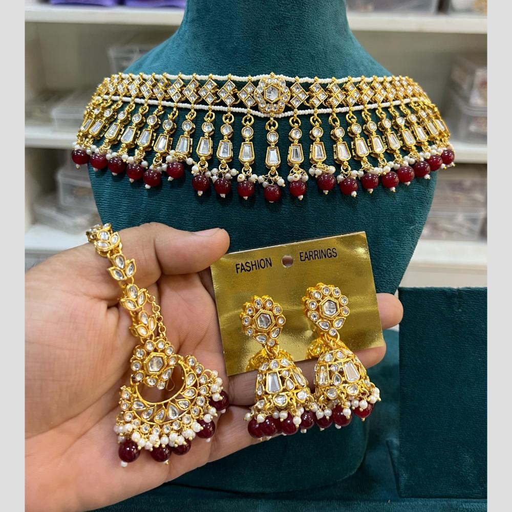 Hira Collections Gold Plated Kundan And Beads Necklace Set