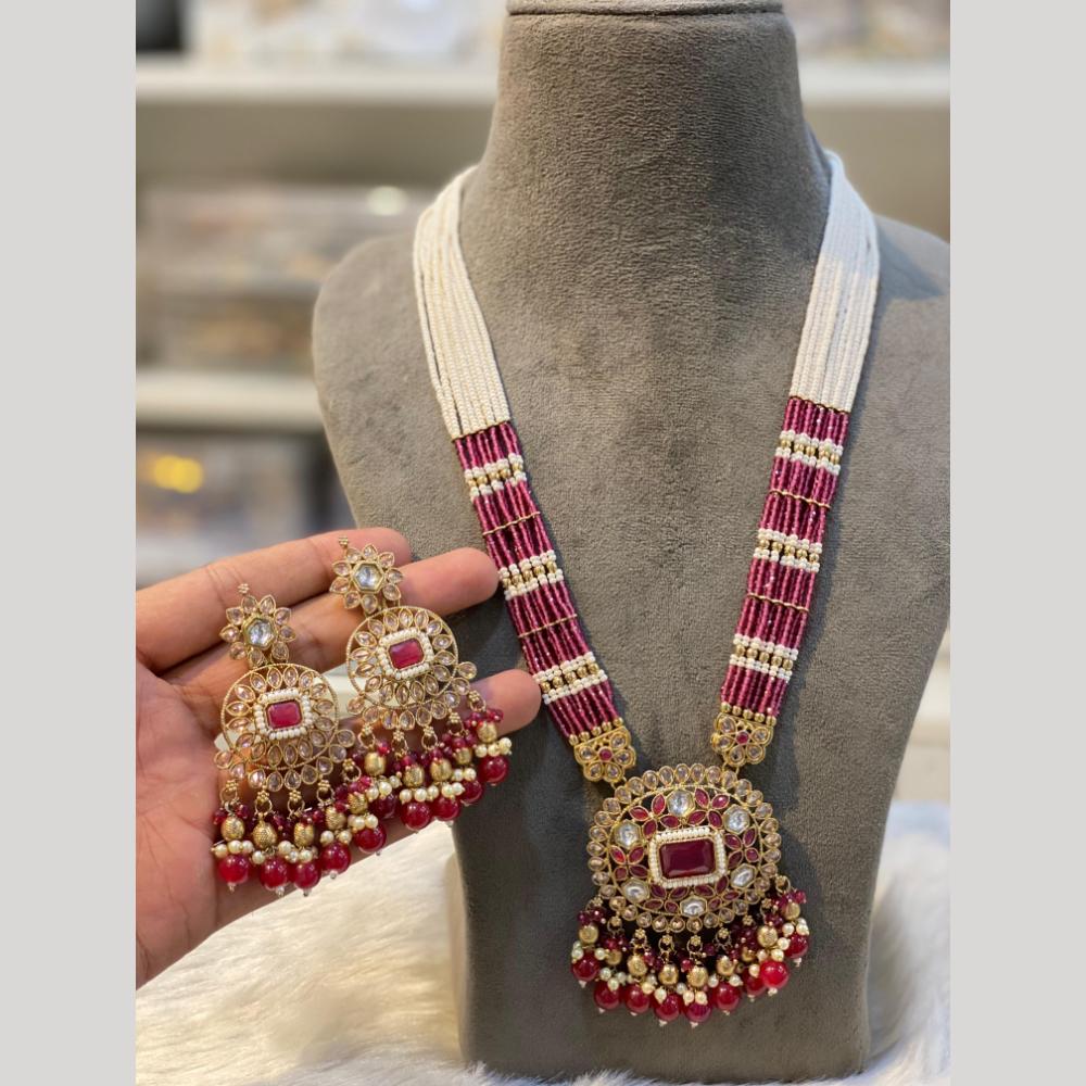 Hira Collections Gold Plated Crystal Stone And Pearls Beads Long Necklace Set