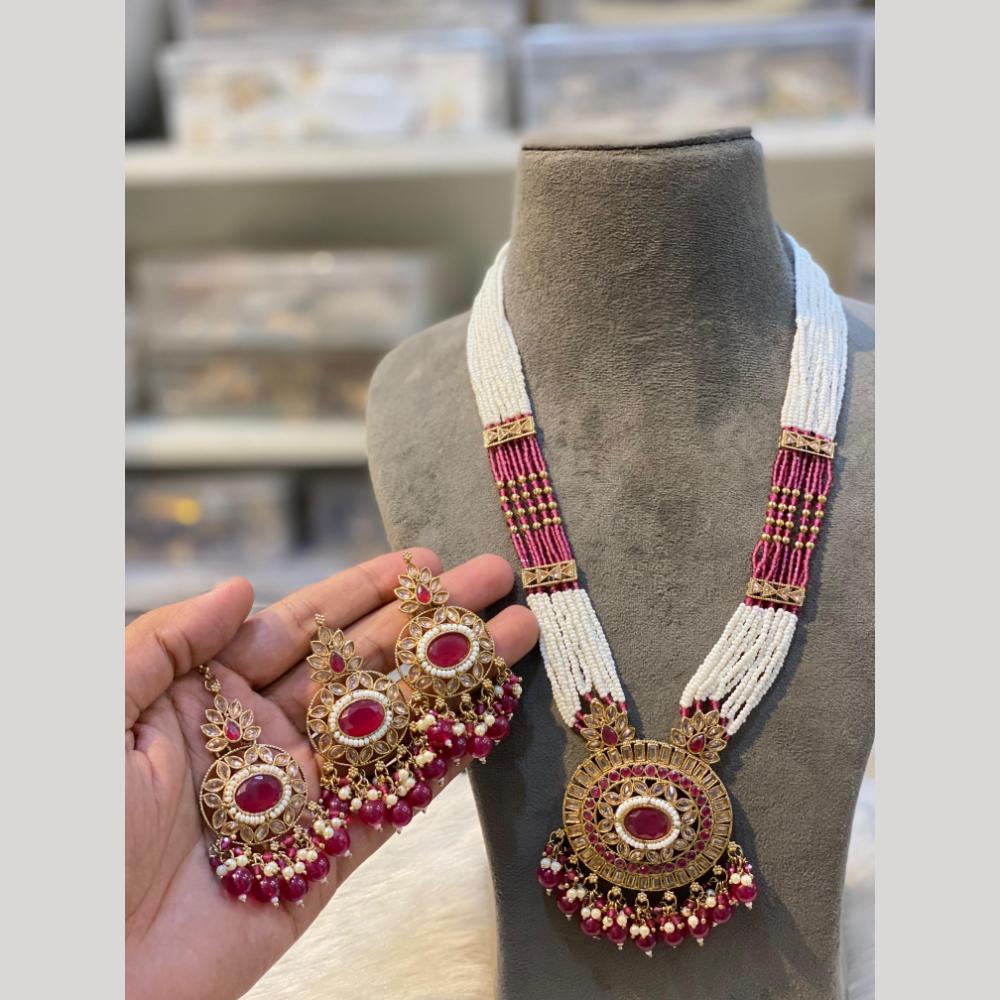 Hira Collections Gold Plated Crystal Stone And Pearls Beads Long Necklace Set