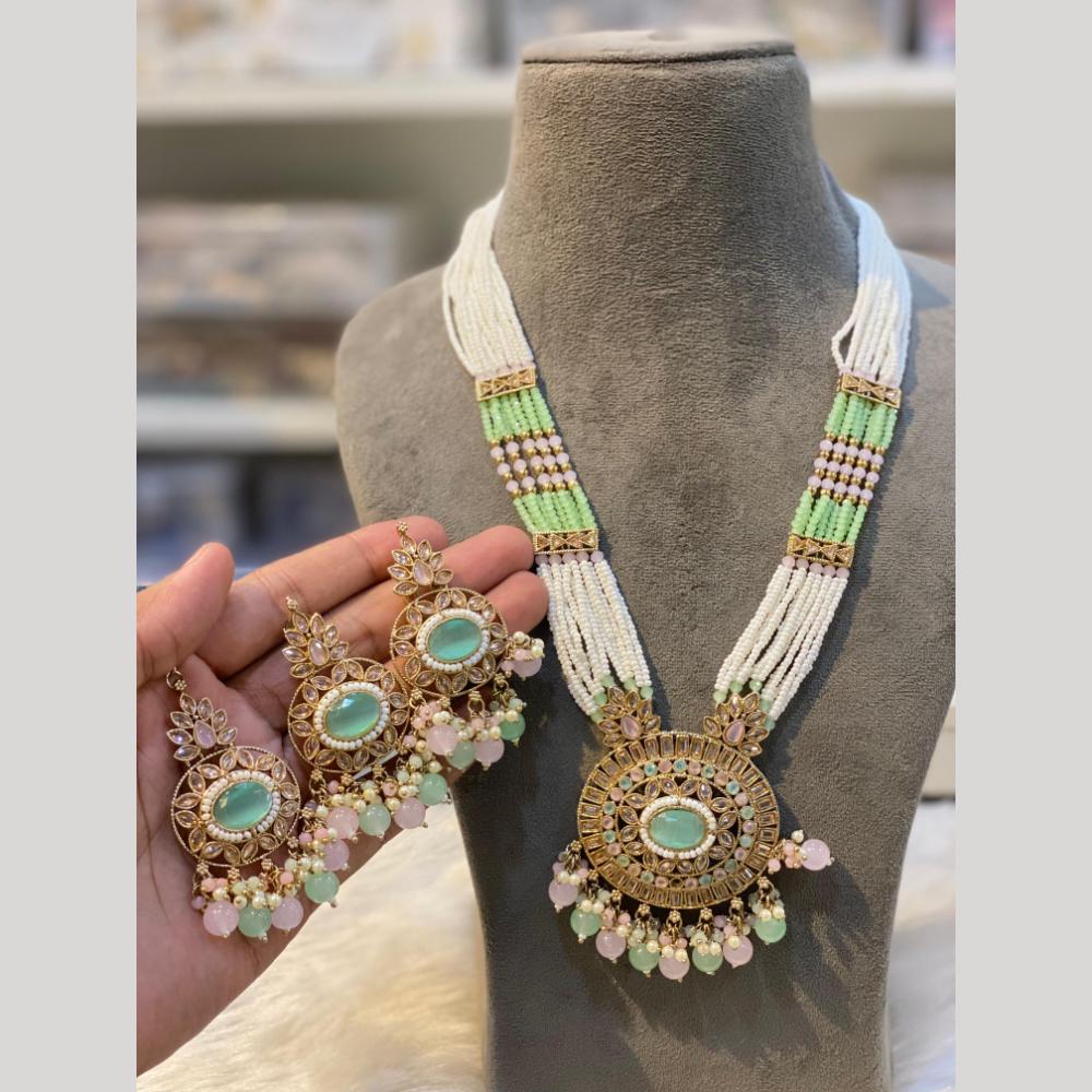 Hira Collections Gold Plated Crystal Stone And Pearls Beads Long Necklace Set