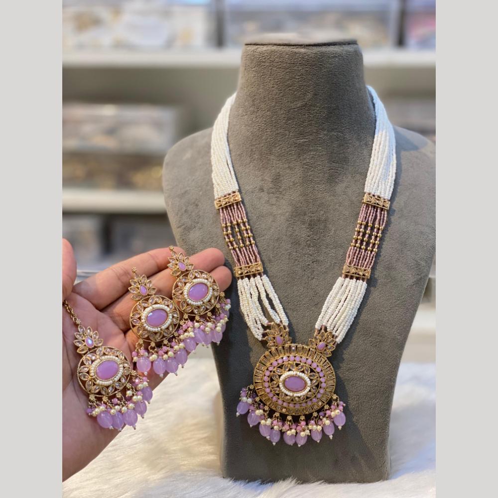 Hira Collections Gold Plated Crystal Stone And Pearls Beads Long Necklace Set