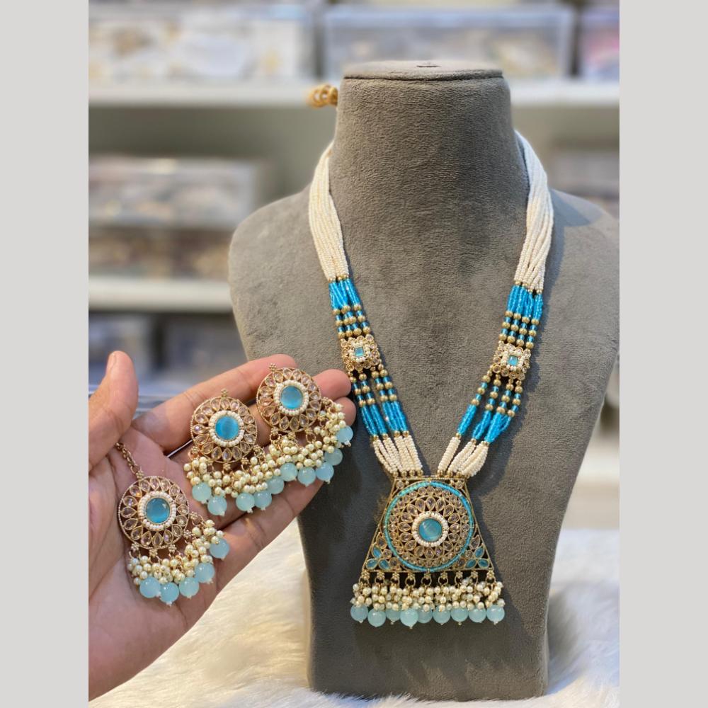 Hira Collections Gold Plated Crystal Stone And Pearls Beads Long Necklace Set