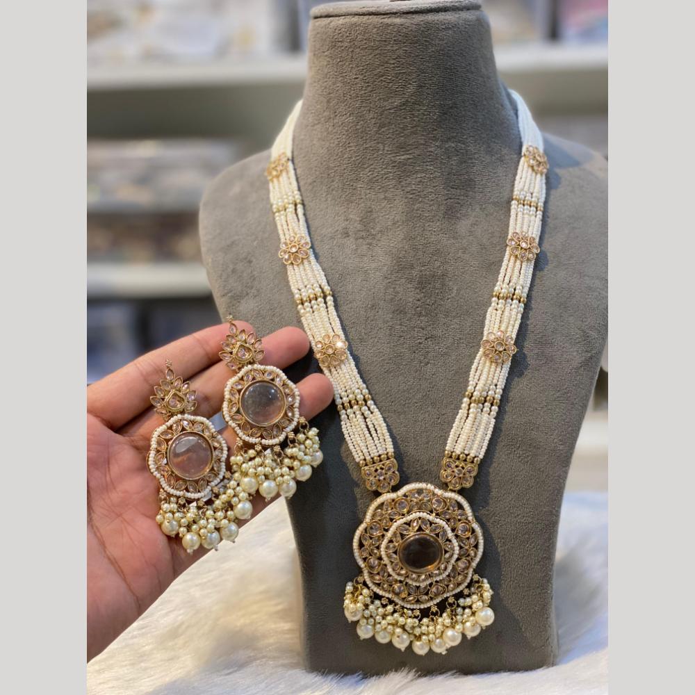 Hira Collections Gold Plated Crystal Stone And Pearls Beads Long Necklace Set