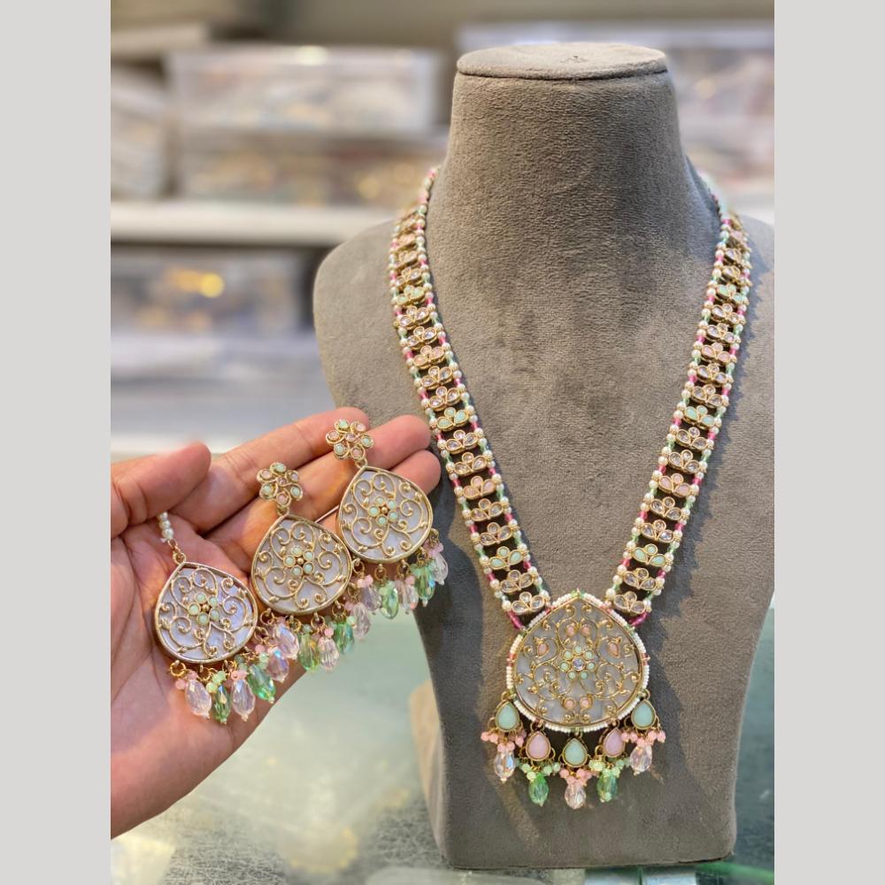 Hira Collections Gold Plated Crystal Stone And Pearls Beads Long Necklace Set