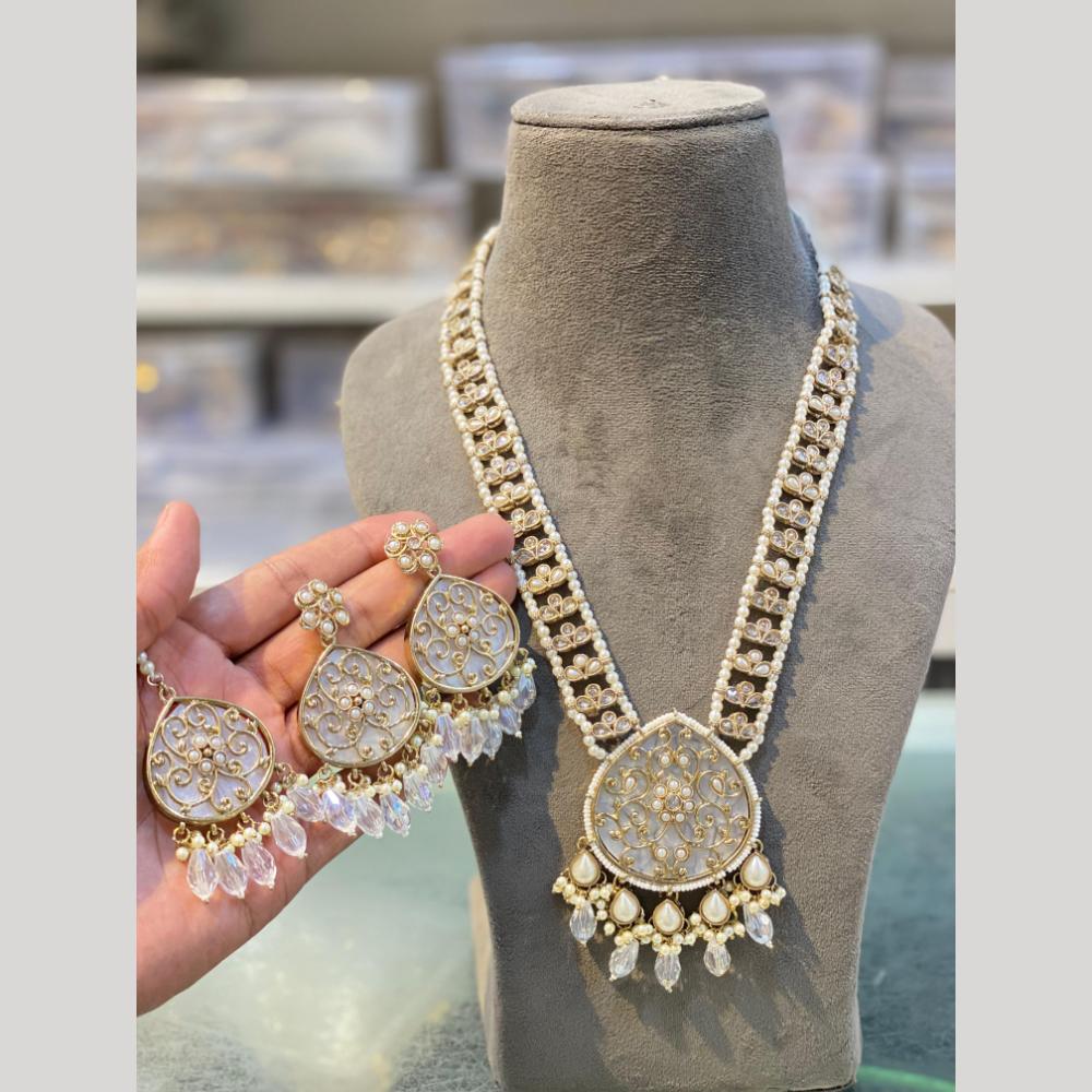Hira Collections Gold Plated Crystal Stone And Pearls Beads Long Necklace Set