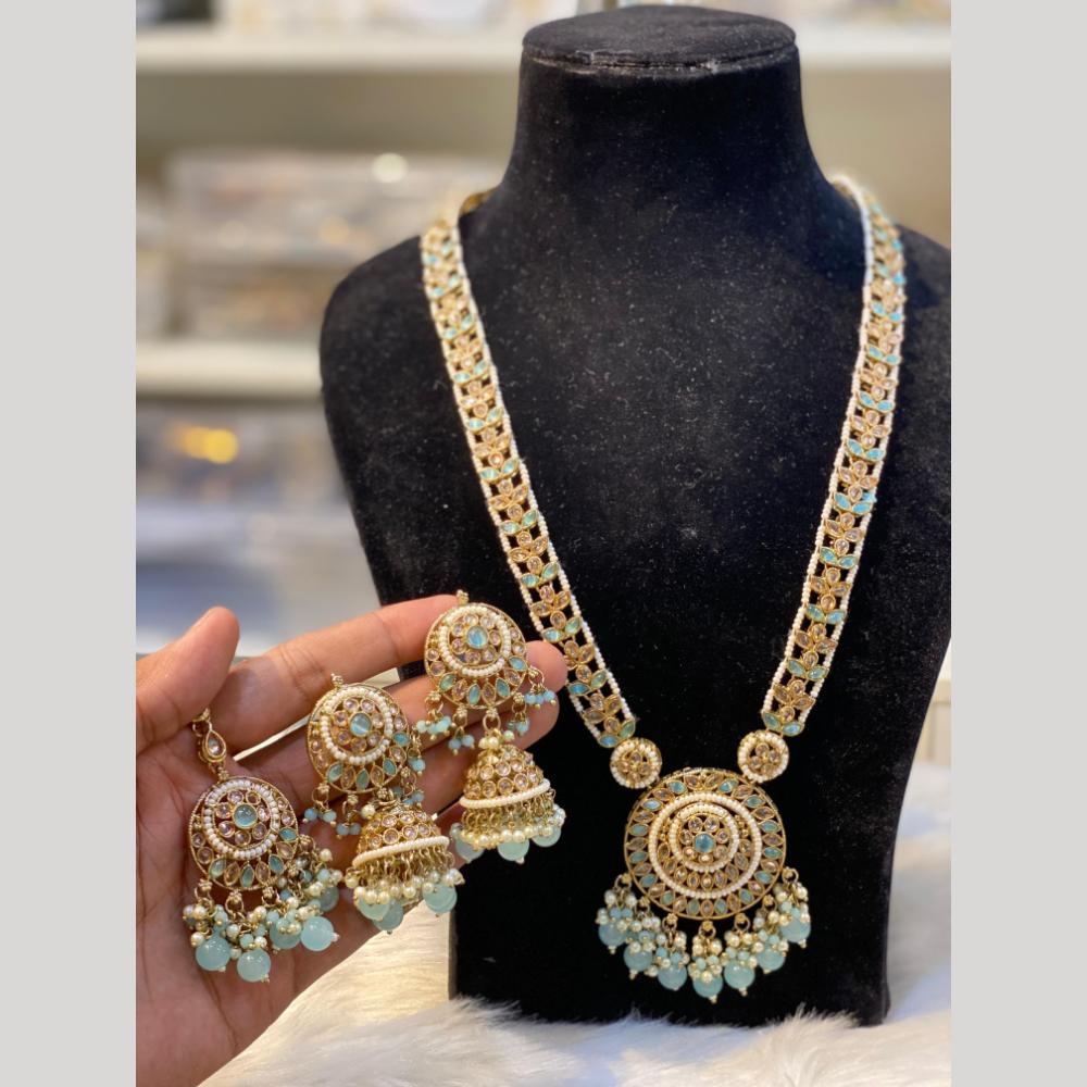 Hira Collections Gold Plated Crystal Stone And Pearls Beads Long Necklace Set