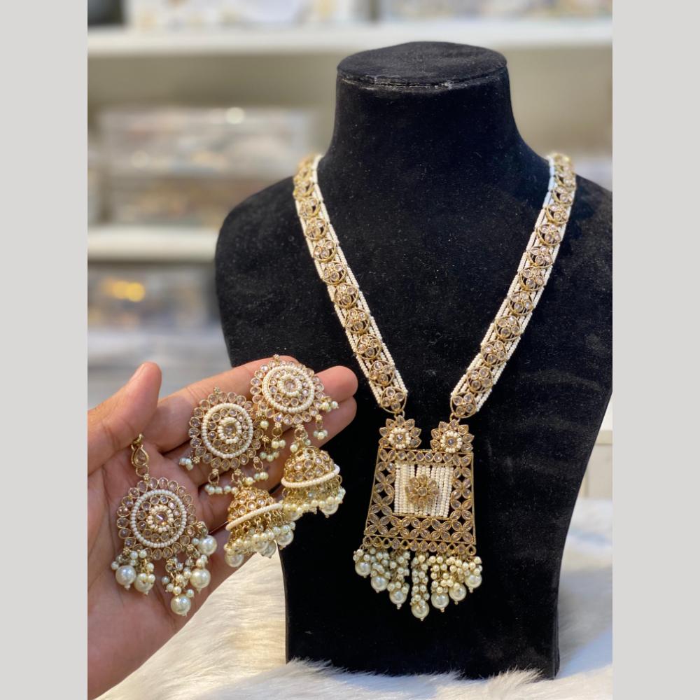 Hira Collections Gold Plated Crystal Stone And Pearls Beads Long Necklace Set