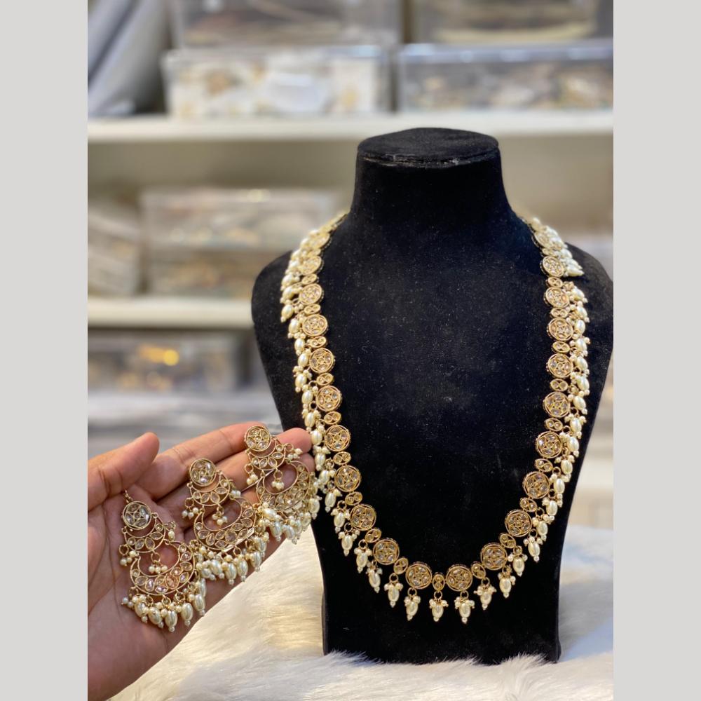 Hira Collections Gold Plated Crystal Stone And Pearls Beads Long Necklace Set