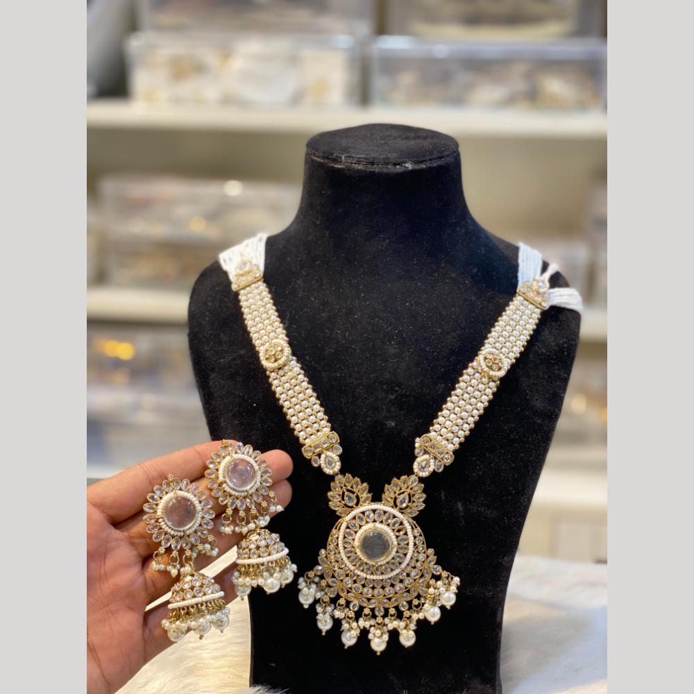 Hira Collections Gold Plated Crystal Stone And Pearls Beads Long Necklace Set