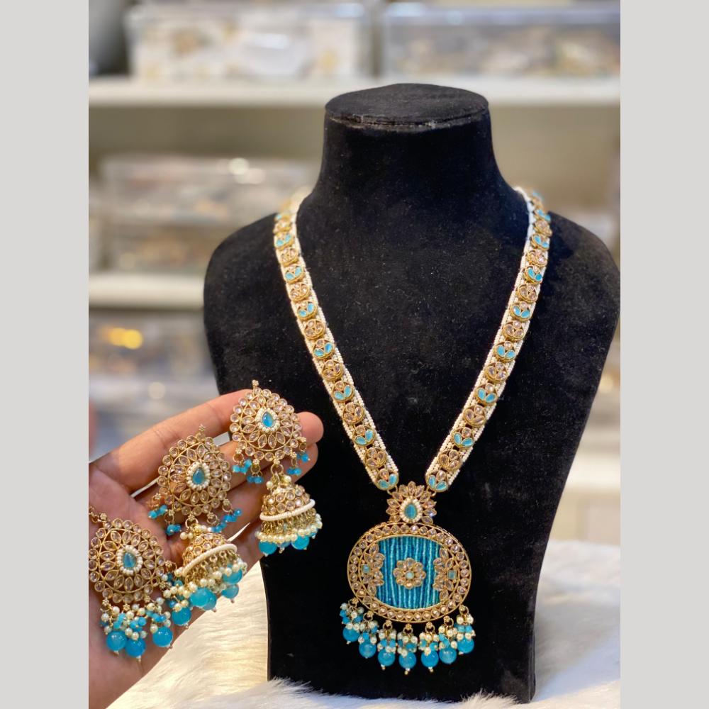 Hira Collections Gold Plated Crystal Stone And Pearls Beads Long Necklace Set