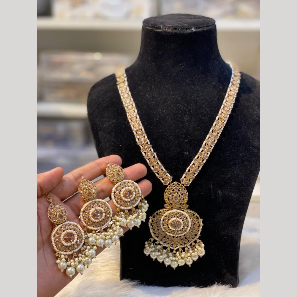 Hira Collections Gold Plated Crystal Stone And Pearls Beads Long Necklace Set