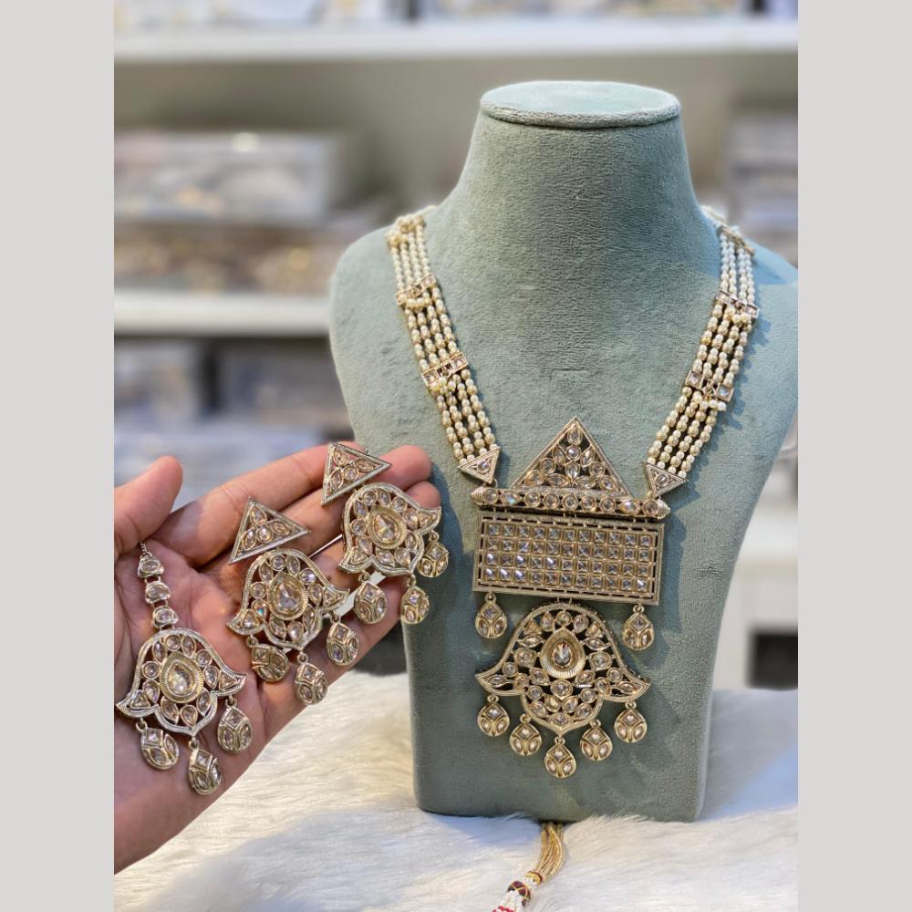 Hira Collections Gold Plated Crystal Stone And Pearls Beads Long Necklace Set