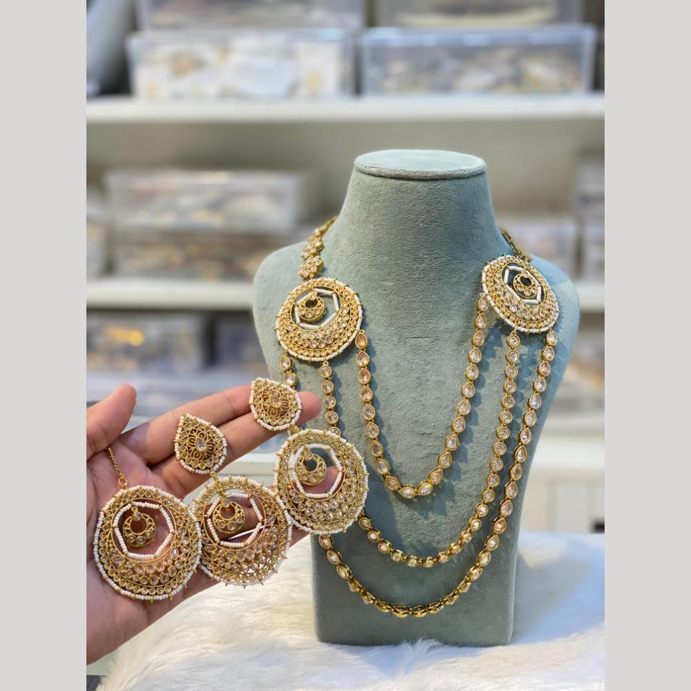 Hira Collections Gold Plated Crystal Stone And Pearls Beads Long Necklace Set