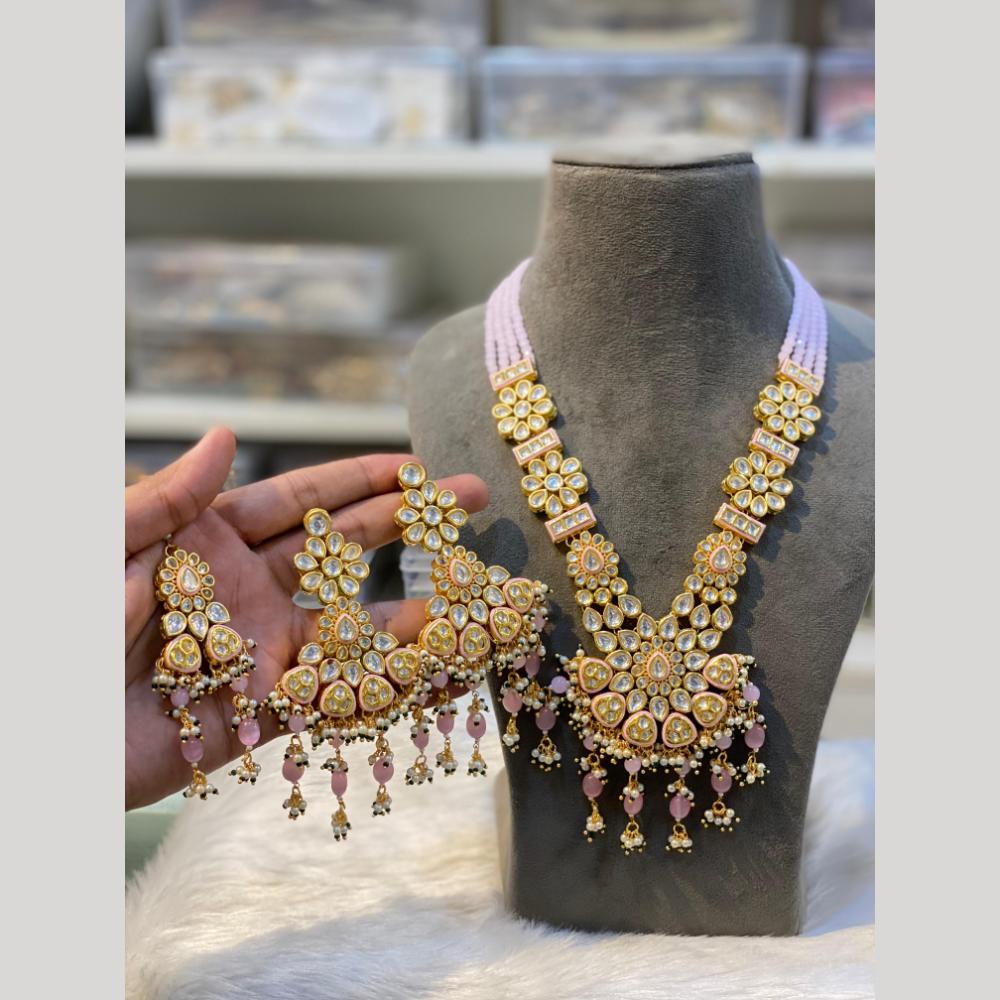 Hira Collections Gold Plated Crystal Stone And Pearls Beads Long Necklace Set