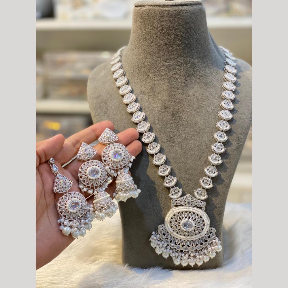 Hira Collections Silver Plated Crystal Stone And Pearls Beads Long Necklace Set