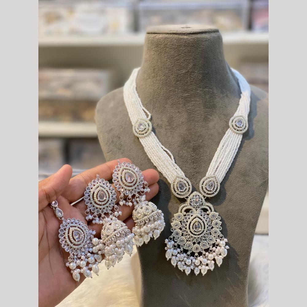 Hira Collections Silver Plated Crystal Stone And Pearls Beads Long Necklace Set