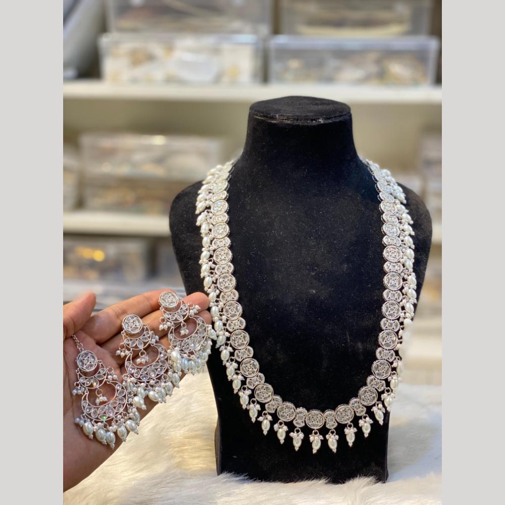 Hira Collections Silver Plated Crystal Stone And Pearls Beads Long Necklace Set