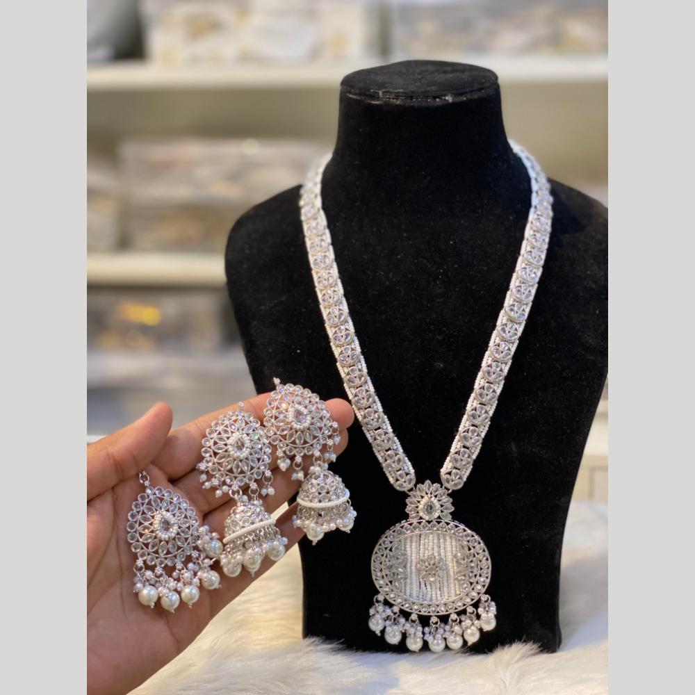 Hira Collections Silver Plated Crystal Stone And Pearls Beads Long Necklace Set