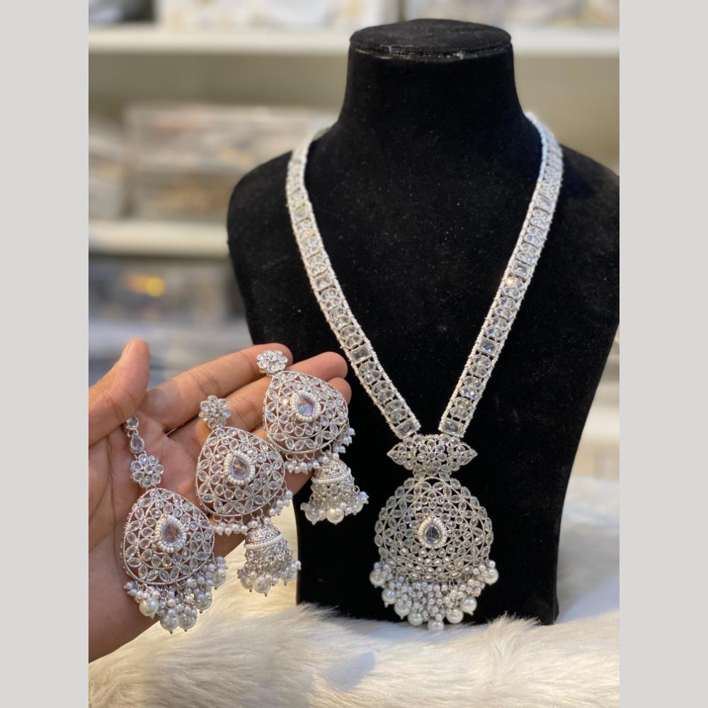Hira Collections Silver Plated Crystal Stone And Pearls Beads Long Necklace Set