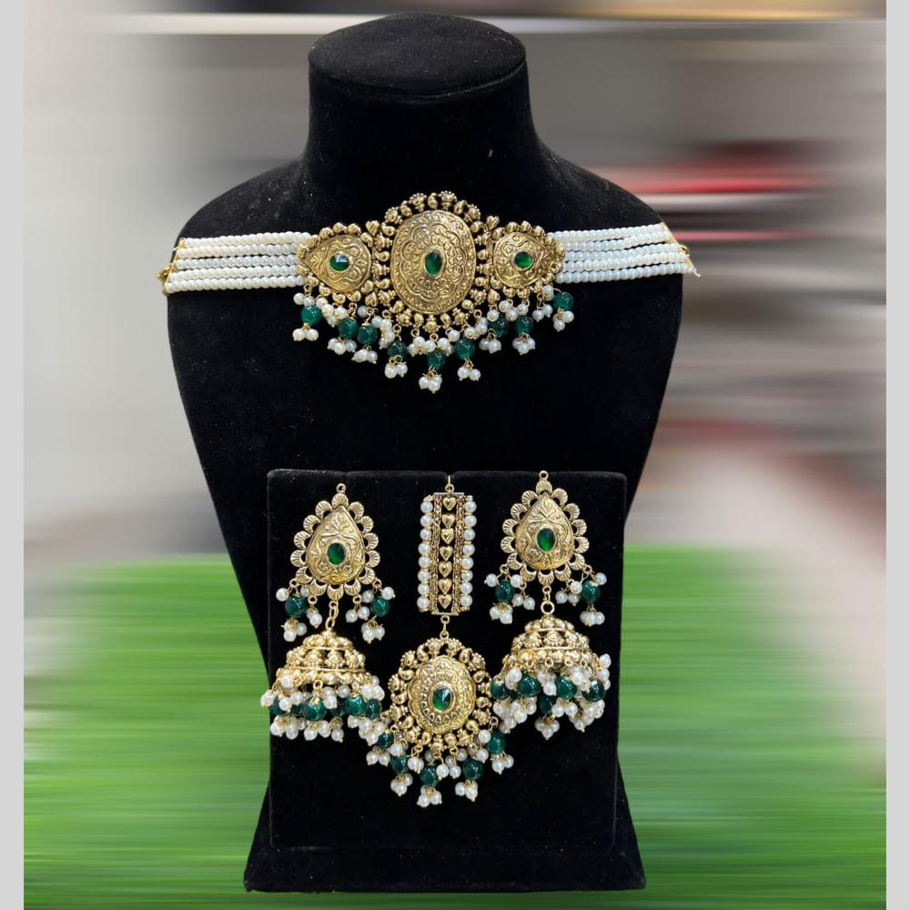 Hira Collections Gold Plated Pota Stone And Pearls Choker Necklace Set