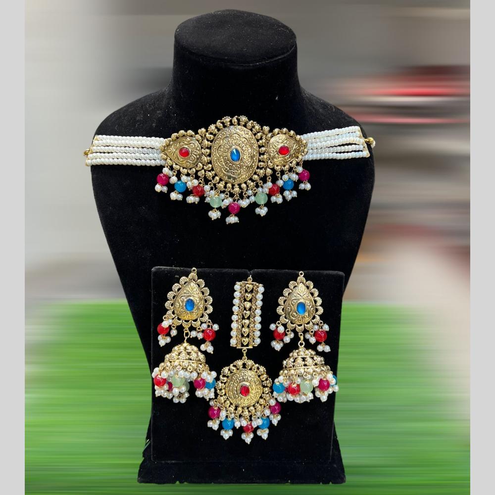 Hira Collections Gold Plated Pota Stone And Pearls Choker Necklace Set
