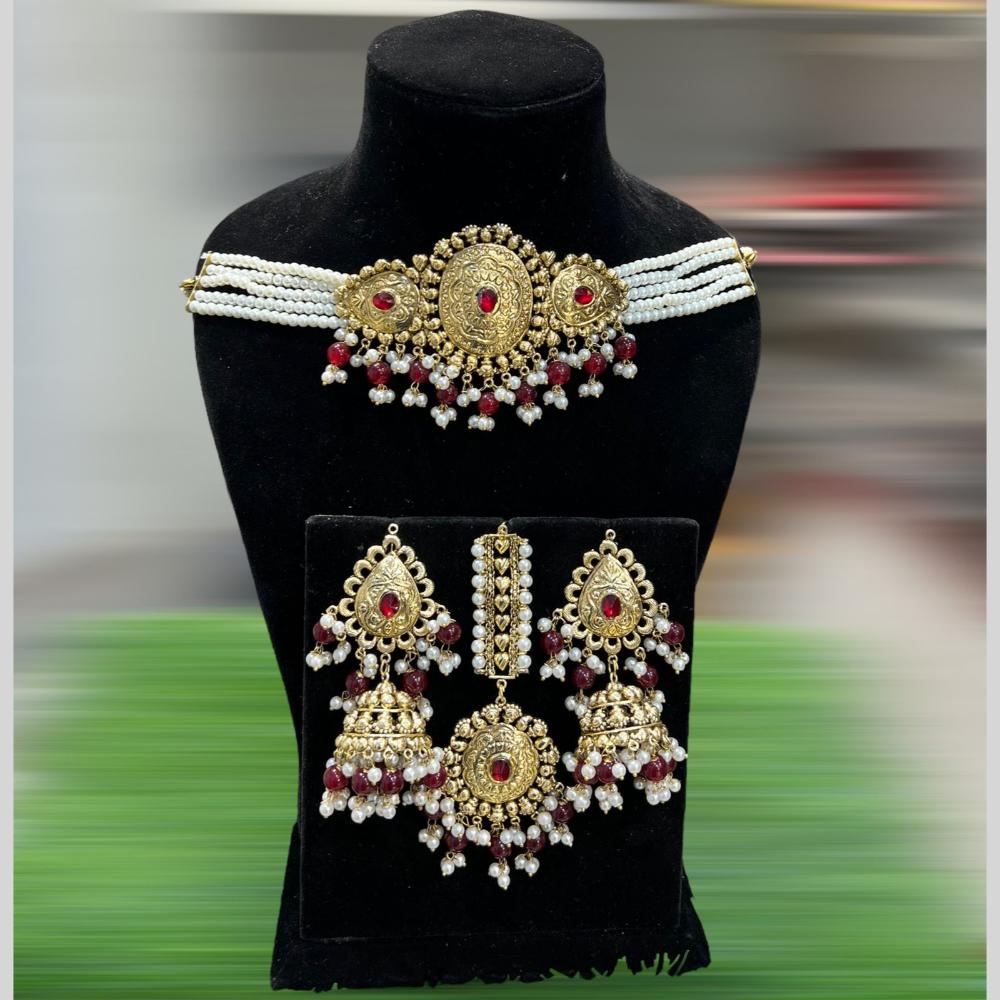 Hira Collections Gold Plated Pota Stone And Pearls Choker Necklace Set