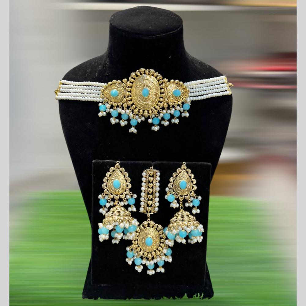 Hira Collections Gold Plated Pota Stone And Pearls Choker Necklace Set