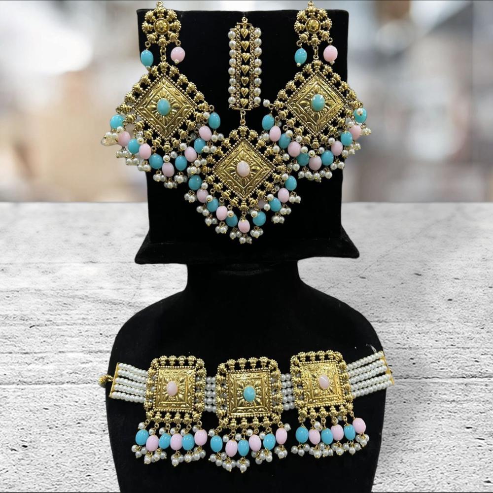 Hira Collections Gold Plated Pota Stone And Pearls Choker Necklace Set