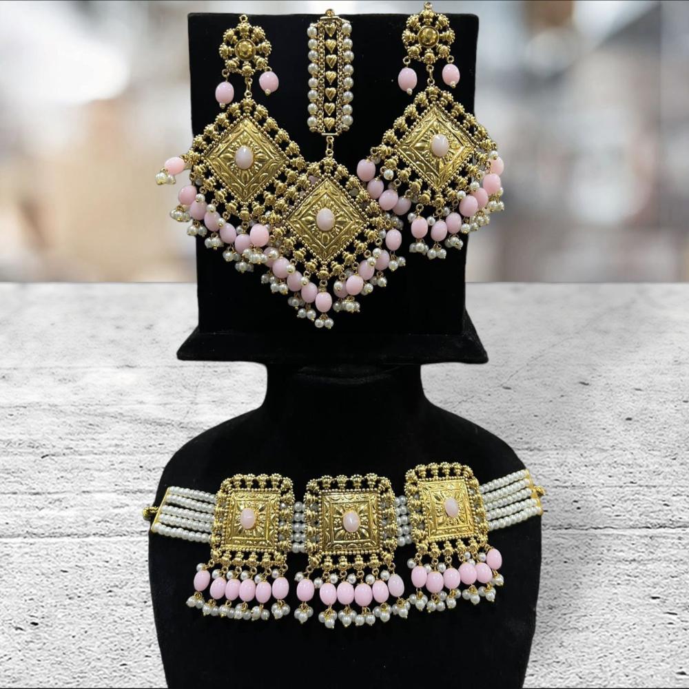 Hira Collections Gold Plated Pota Stone And Pearls Choker Necklace Set