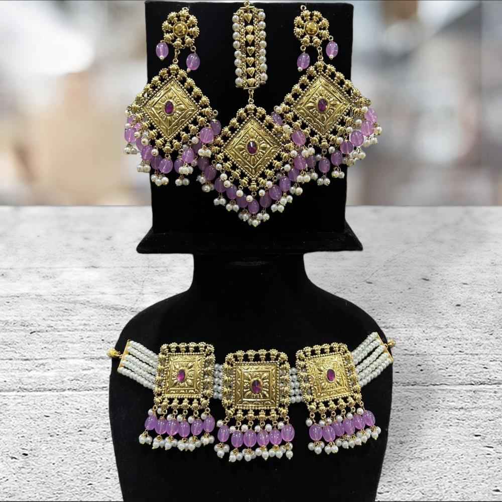 Hira Collections Gold Plated Pota Stone And Pearls Choker Necklace Set