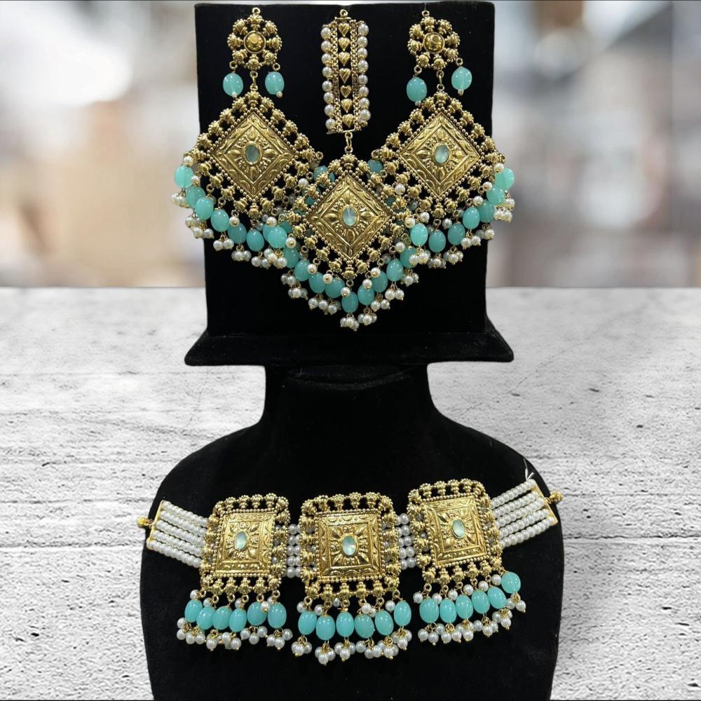 Hira Collections Gold Plated Pota Stone And Pearls Choker Necklace Set