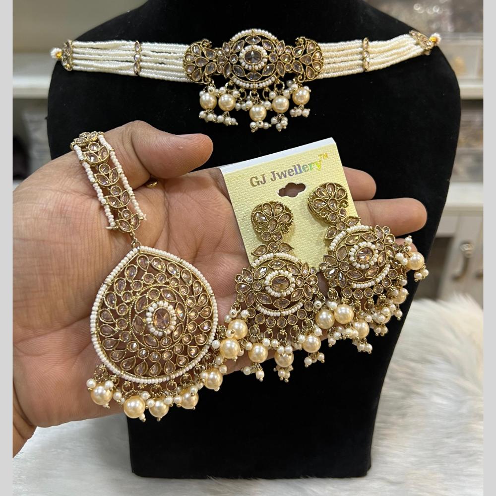 Hira Collections Gold Plated Crystal Stone And Pearls Beads Necklace Set