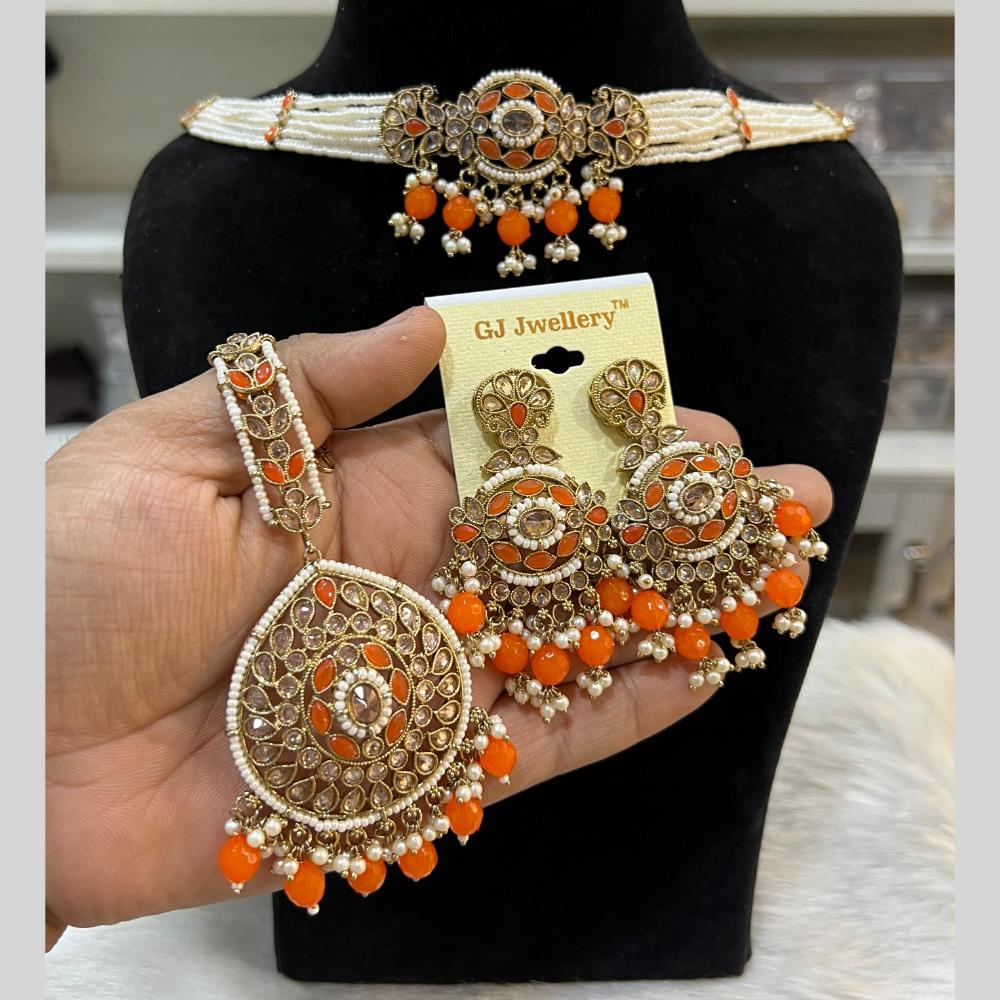 Hira Collections Gold Plated Crystal Stone And Pearls Beads Necklace Set