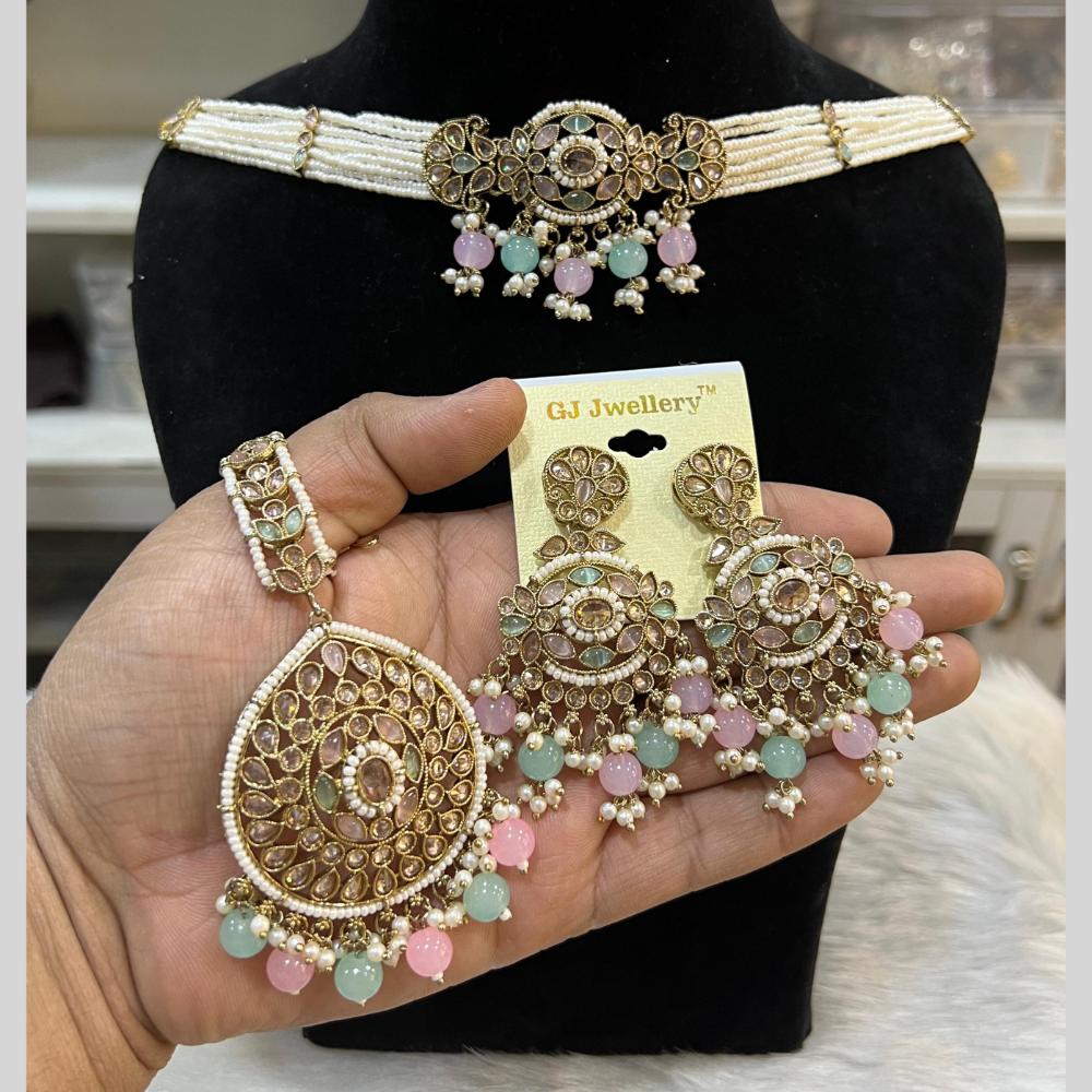 Hira Collections Gold Plated Crystal Stone And Pearls Beads Necklace Set