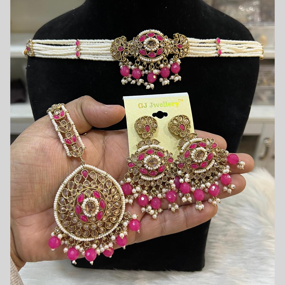 Hira Collections Gold Plated Crystal Stone And Pearls Beads Necklace Set