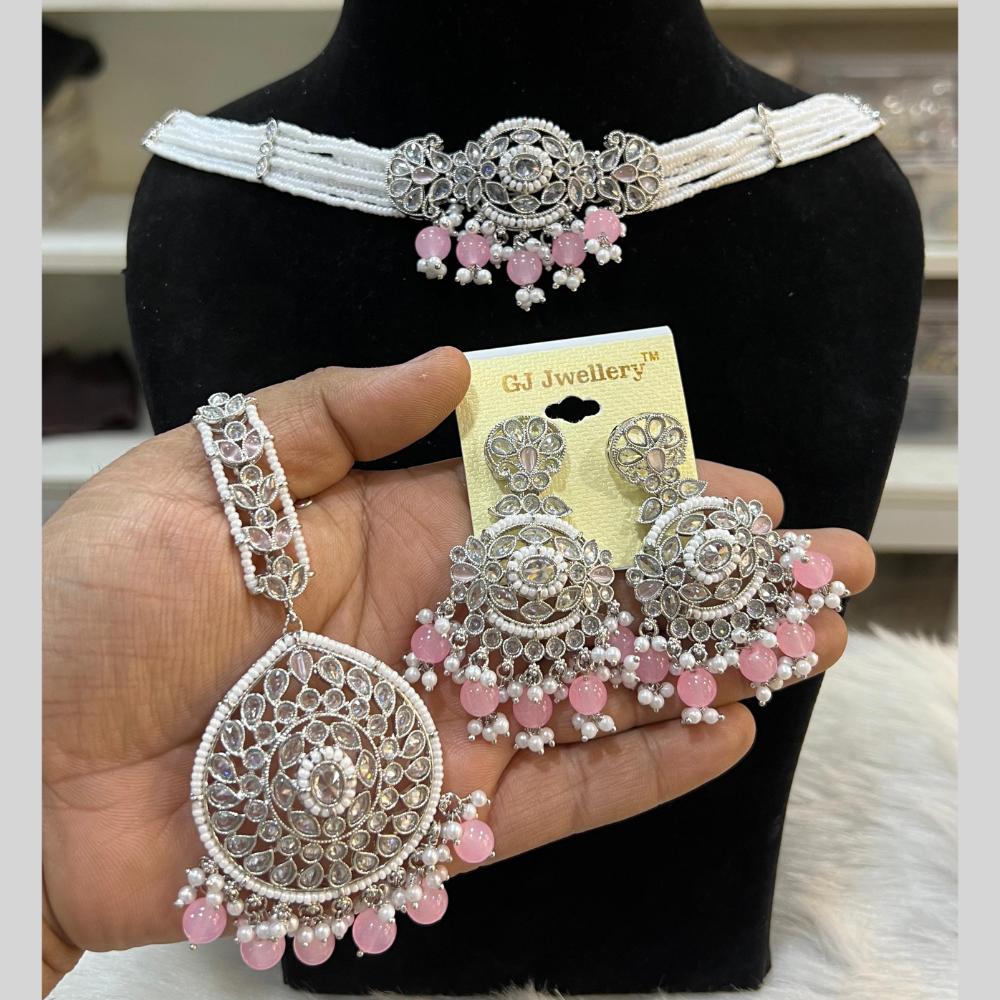 Hira Collections Silver Plated Crystal Stone And Pearls Beads Necklace Set