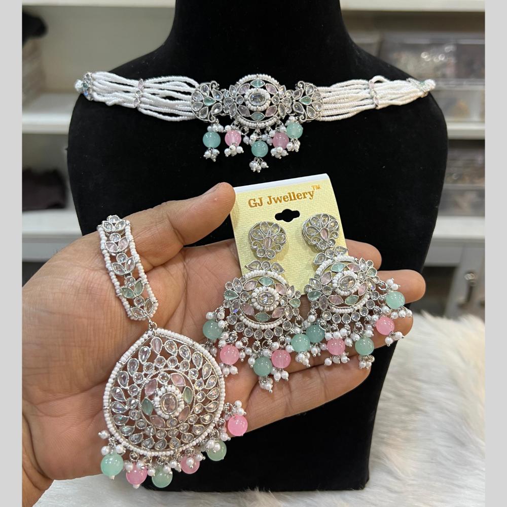 Hira Collections Silver Plated Crystal Stone And Pearls Beads Necklace Set