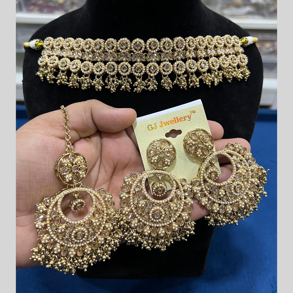 Hira Collections Gold Plated Crystal Stone And Pearls Beads Choker Necklace Set