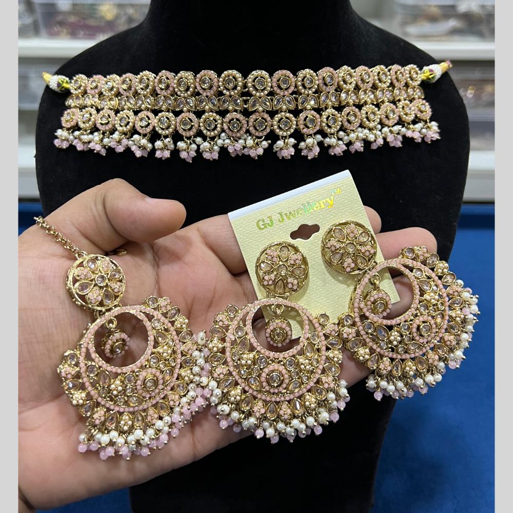 Hira Collections Gold Plated Crystal Stone And Pearls Beads Choker Necklace Set