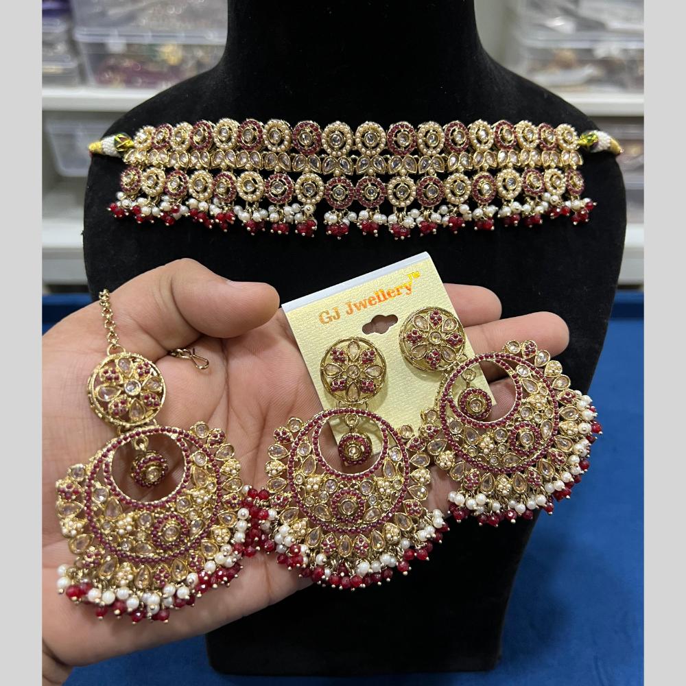 Hira Collections Gold Plated Crystal Stone And Pearls Beads Choker Necklace Set