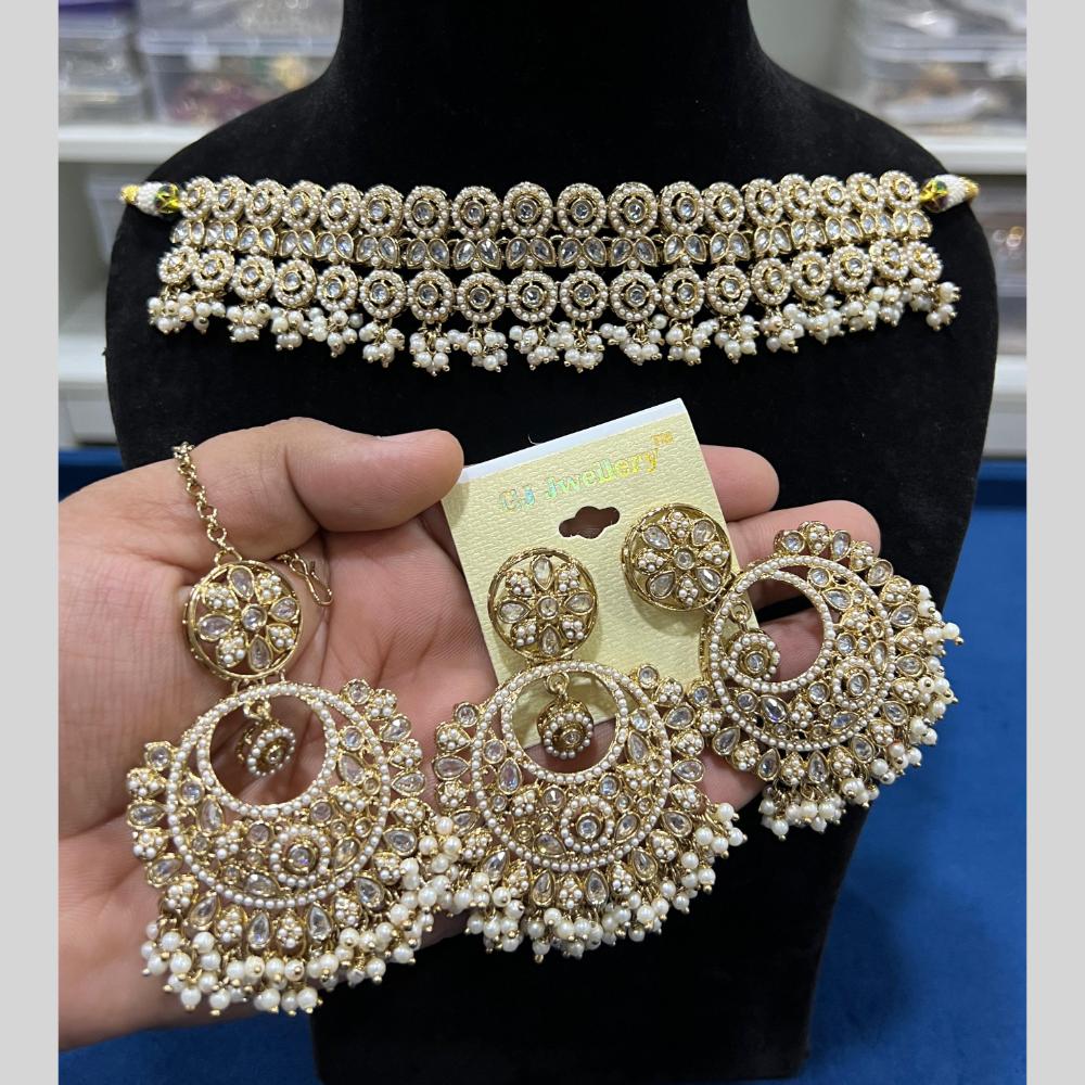 Hira Collections Gold Plated Crystal Stone And Pearls Beads Choker Necklace Set