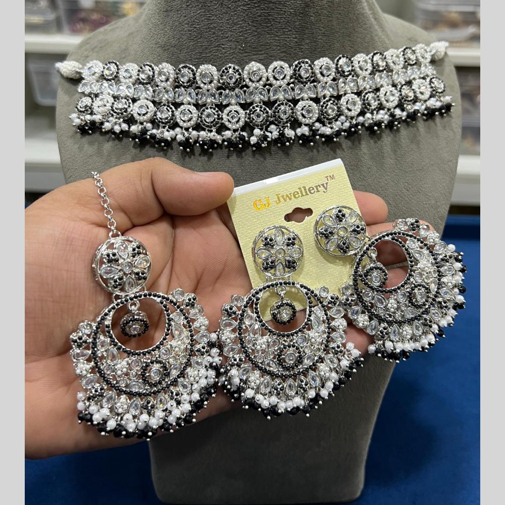 Hira Collections Silver Plated Crystal Stone And Pearls Beads Choker Necklace Set