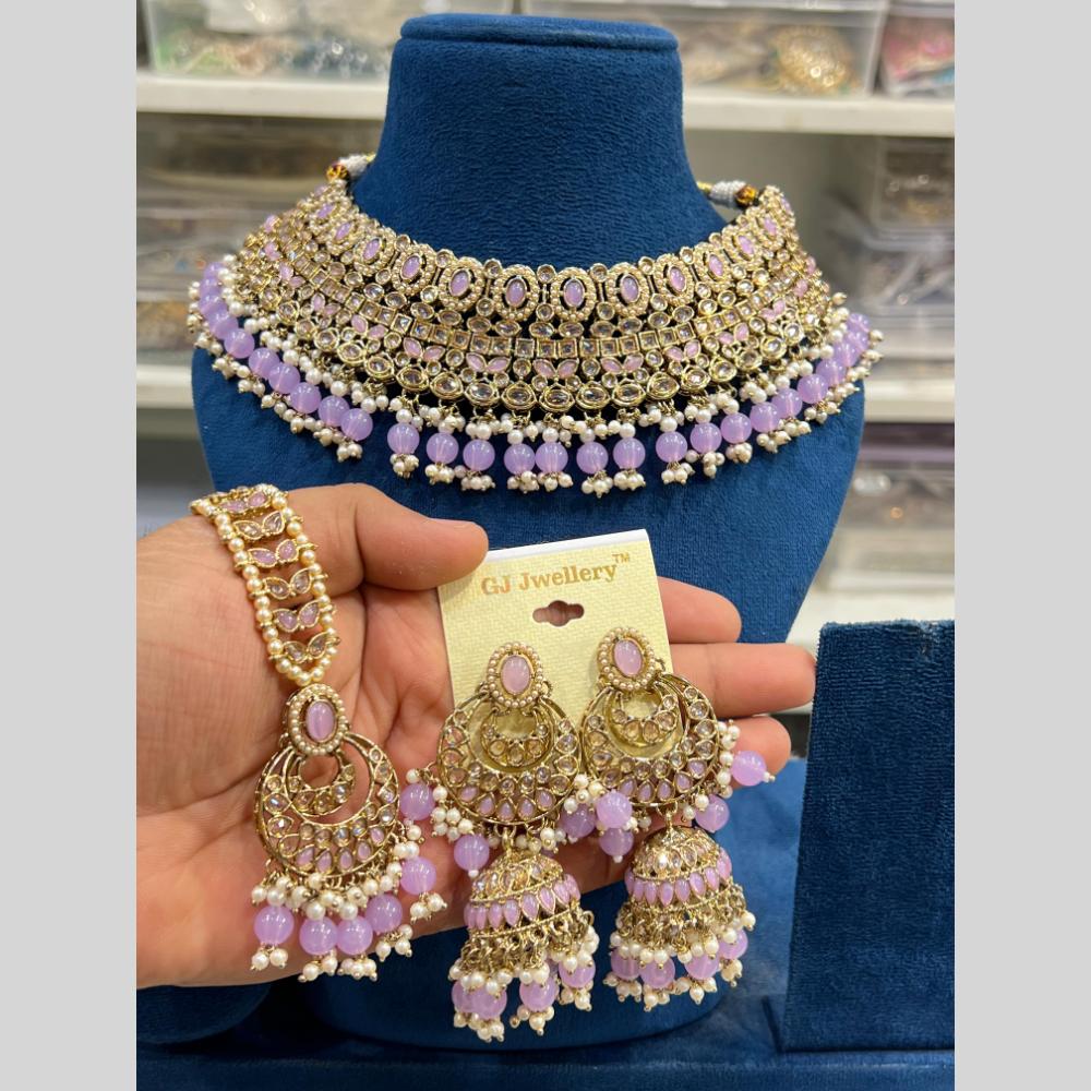 Hira Collections Gold Plated Crystal Stone And Pearls Beads Choker Necklace Set